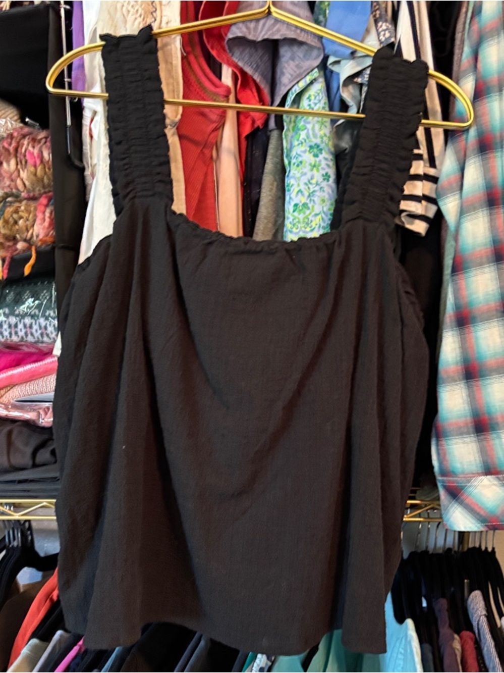 BOBEAU NWT Black Smocked Strap Tank Top/Camisole, 100% Crepe/Gauze Cotton